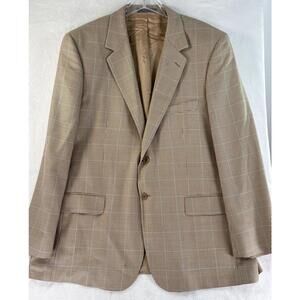 Talbots Men’s Blazer 46R Silk Wool Tan Windowpane Check 2 Button Single Vent